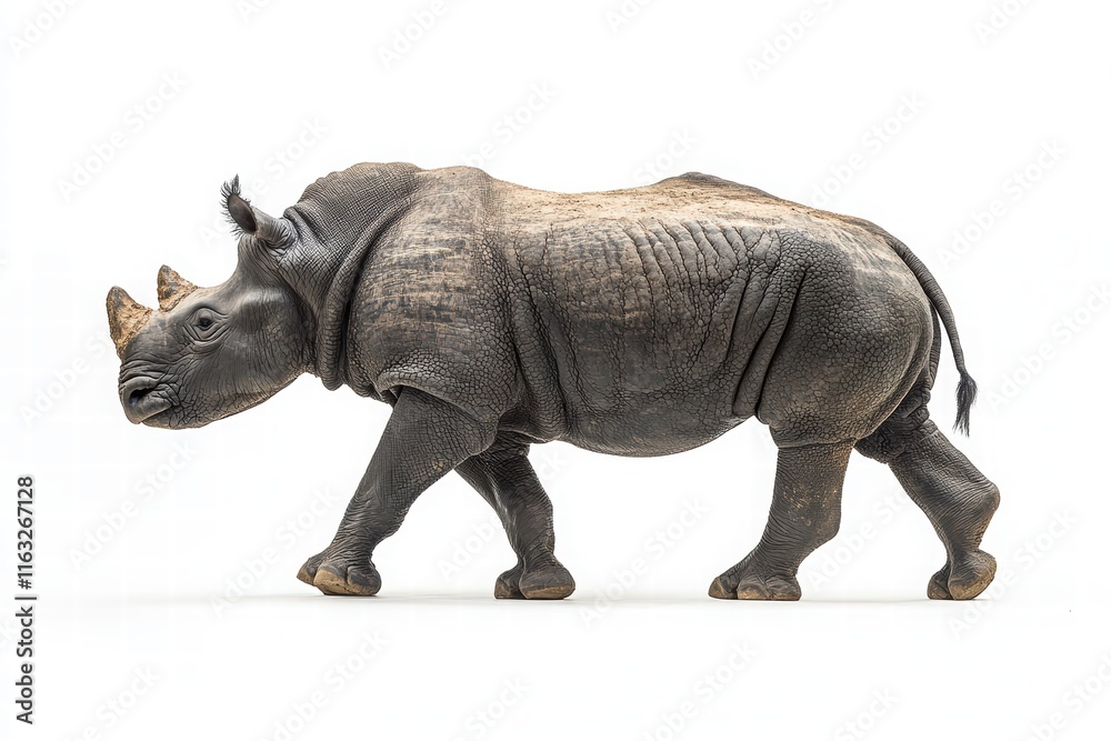 Obraz premium A detailed model of a rhinoceros, showcasing its unique features and robust body, set against a plain background.