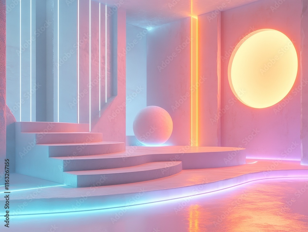 A modern, minimalist interior featuring soft lighting, geometric shapes, and a serene atmosphere, ideal for artistic displays or relaxation. A modern, minimalist interior featuring soft lighting, geometric shapes, and a serene atmosphere, ideal for artistic displays or relaxation.