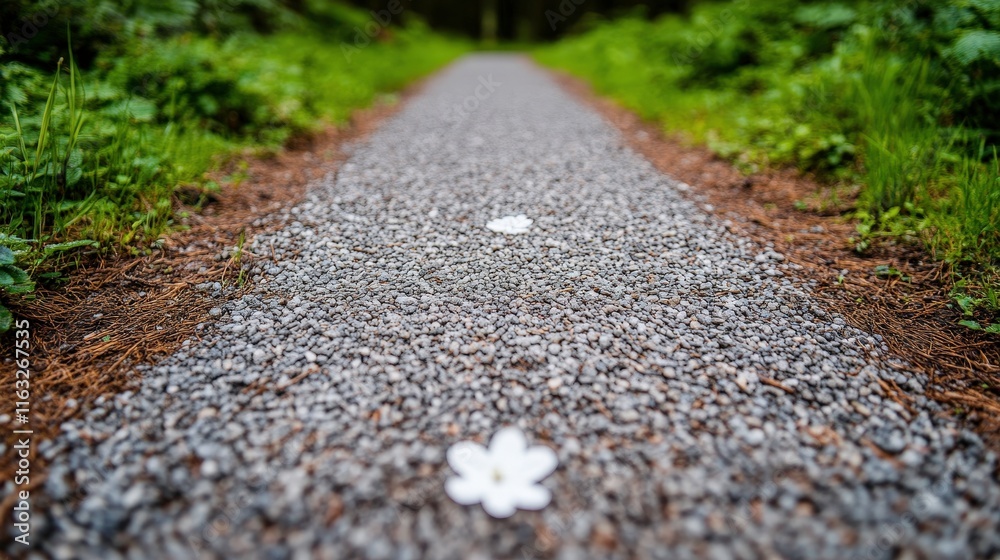A serene gravel path lined with greenery, featuring white flower-shaped markers, inviting a peaceful stroll through nature. A serene gravel path lined with greenery, featuring white flower-shaped markers, inviting a peaceful stroll through nature.