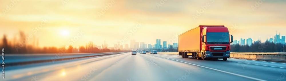 A vibrant sunset scene featuring a red truck speeding along a highway, showcasing movement and transportation. A vibrant sunset scene featuring a red truck speeding along a highway, showcasing movement and transportation.