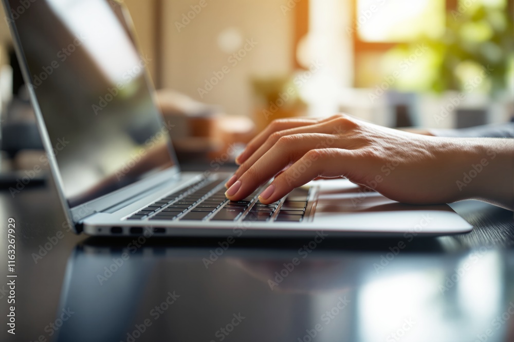 Close-up of hands typing on a laptop keyboard on a desk, natural lighting, blurred background. Concept of work, productivity, and technology. Ai generative Close-up of hands typing on a laptop keyboard on a desk, natural lighting, blurred background. Concept of work, productivity, and technology. Ai generative