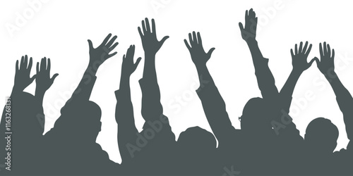 Excited crowd silhouettes at a music event, cheering, waving hands, and recording performances with smartphones