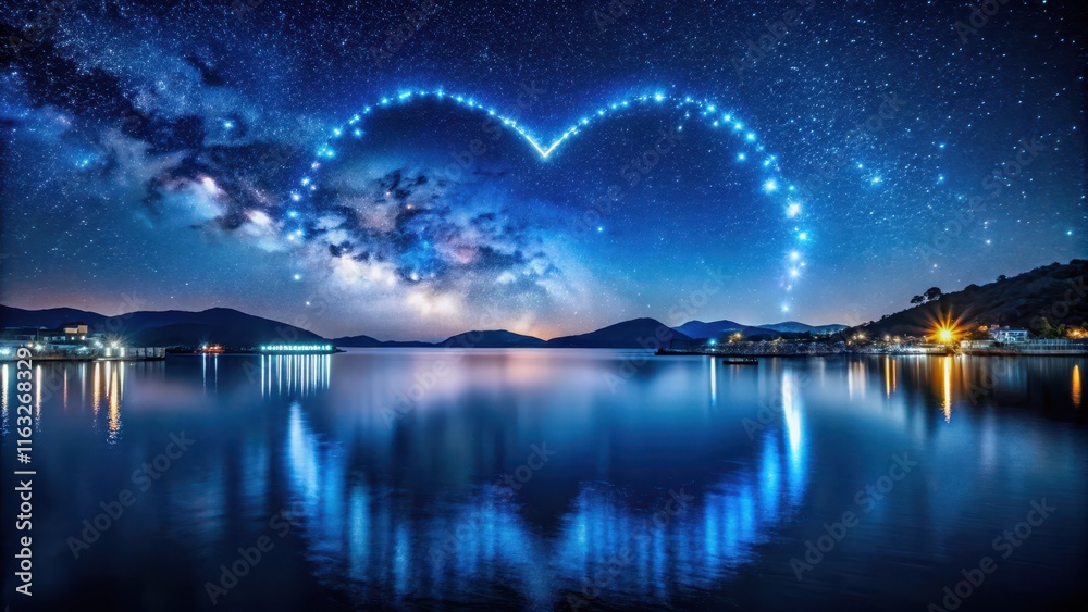 Celestial Heart Night Sky Over Calm Water with Starry Constellation Forming a Romantic Shape Celestial Heart Night Sky Over Calm Water with Starry Constellation Forming a Romantic Shape