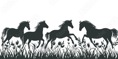 Silhouette of a herd of horses running happily on grass and wild flowers. Suitable for painting, wallpaper or wall decoration and print media.