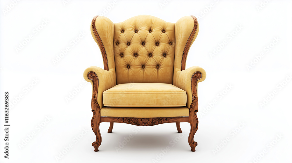 Single padded dining chair with wooden legs isolated on white background for decor themes