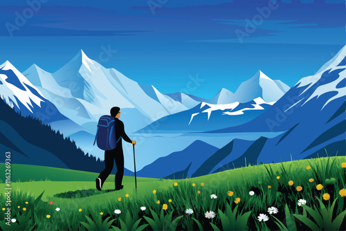 Create a vibrant vector background depicting a scenic alpine hike, showcasing majestic mountains, lush greenery, and a winding trail.