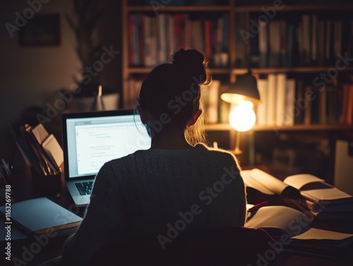 Late night study session home office digital learning cozy environment intimate viewpoint focused mindset for productivity photo