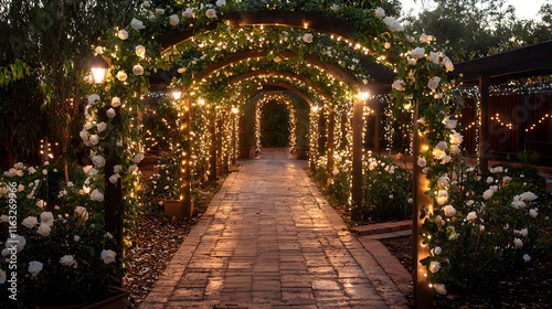 Enchanting Flower-Laden Pathway Illuminated by Twinkling Lights Botanical Garden Photography Evening Serenity Romantic Atmosphere