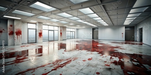 A large empty room with blood splatters on the walls and floor
