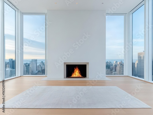 A luxurious highrise apartment with floortoceiling windows, a sleek fireplace, and soft rugs adding warmth to the modern space photo