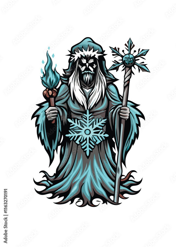 Obraz premium A beautiful, icy witch wielding a frost-covered staff, radiating cold power and calculating intelligence; intricate details, ethereal atmosphere.