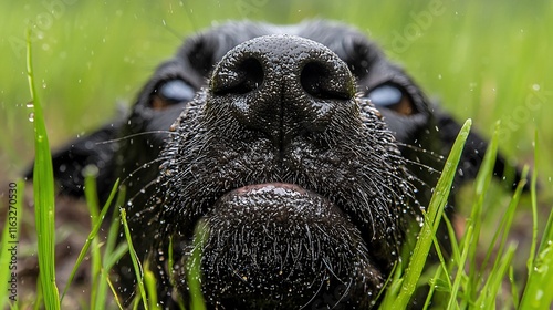 Wet black dog's face in green grass. photo