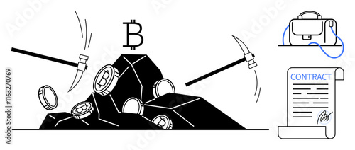 Cryptocurrency mining scene with coins being extracted with pickaxes from a rock, Bitcoin symbol, hardware storage bag, and signed contract. Ideal for blockchain, investment, finance, technology