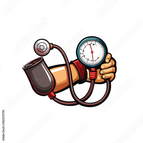 Illustrate how blood pressure is measured using a sphygmomanometer and stethoscope, showing the correct placement on the arm and the process of listening for Korotkoff sounds.