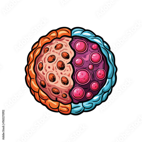 Illustrate the microscopic difference between a normal and a cancerous cell, highlighting nuclear size, shape, and membrane irregularities.