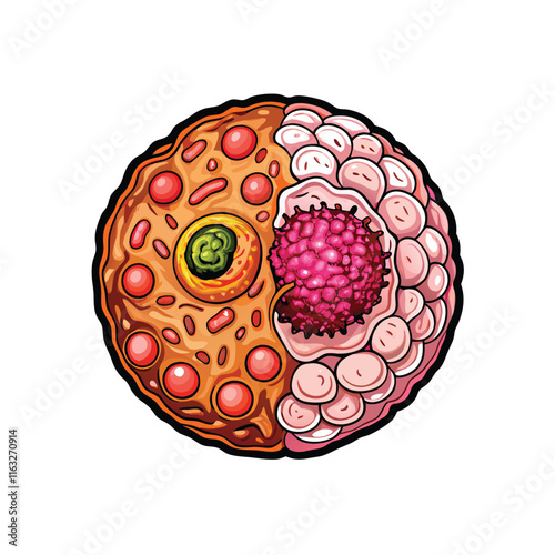 Illustrate the microscopic difference between a normal cell and a cancerous cell, highlighting abnormal nuclear size, shape, and chromatin.