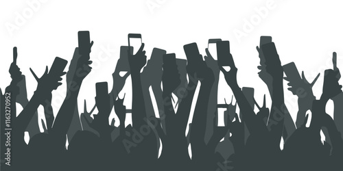 Silhouette background of crowded concert audience raising hands and holding mobile phones, capturing the excitement of live music event. for big events, stages and concert posters