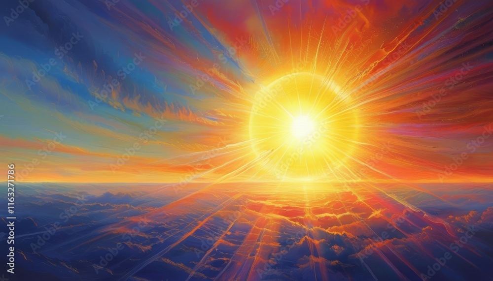 Fototapeta premium Vibrant Sunrise Over Serene Clouds with Radiant Solar Beams Spreading Across the Horizon