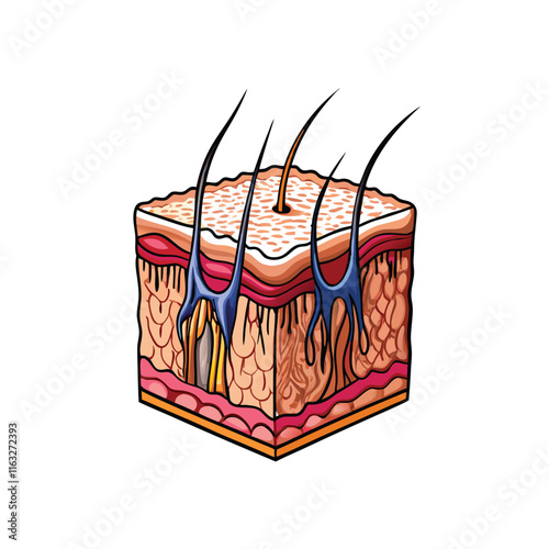 Illustrate the detailed cross-section of human skin, clearly showing the epidermis, dermis, and hypodermis layers with their respective structures (e.g., sweat glands, hair follicles).