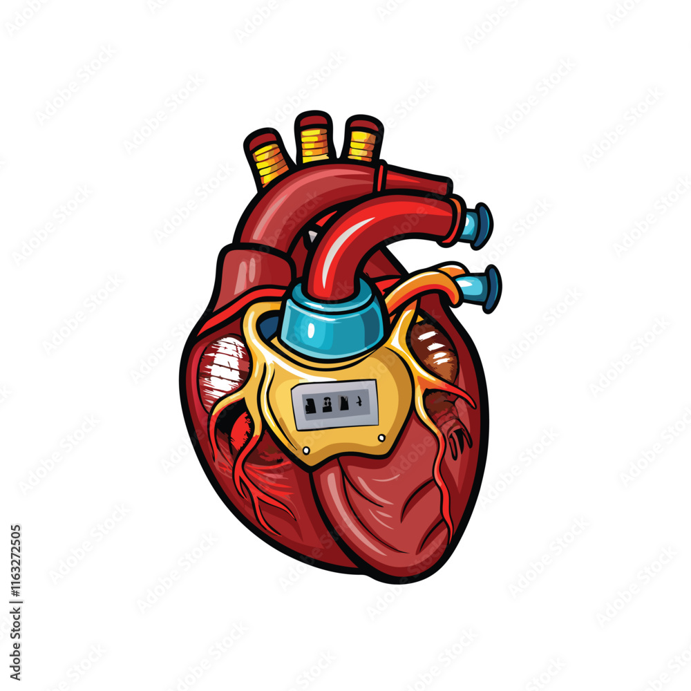 Naklejka premium Illustrate the anatomical placement of a single-chamber artificial cardiac pacemaker in a human chest, showing the leads extending to the heart.
