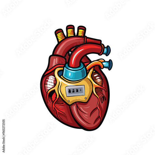 Illustrate the anatomical placement of a single-chamber artificial cardiac pacemaker in a human chest, showing the leads extending to the heart.