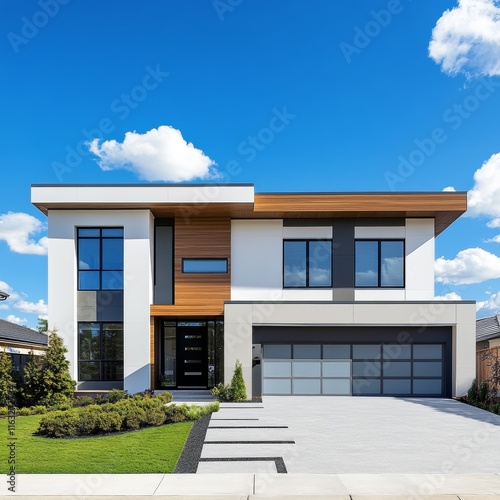 Front view of a new  modern house with a garage and a blue sky background