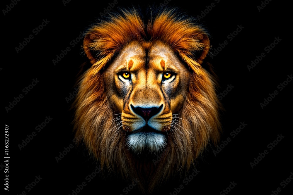 Majestic lion's face with intense golden fur and vibrant eyes, detailed graphic style on a dark background, symbolizing strength and power. Ai generative Majestic lion's face with intense golden fur and vibrant eyes, detailed graphic style on a dark background, symbolizing strength and power. Ai generative