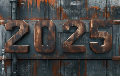 3D 2025 Text on Warehouse Background with Boxes