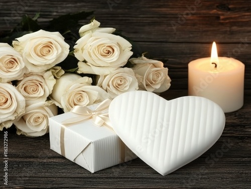 Romantic heart with roses candles and petals