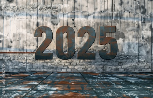 3D 2025 Text on Warehouse Background with Boxes