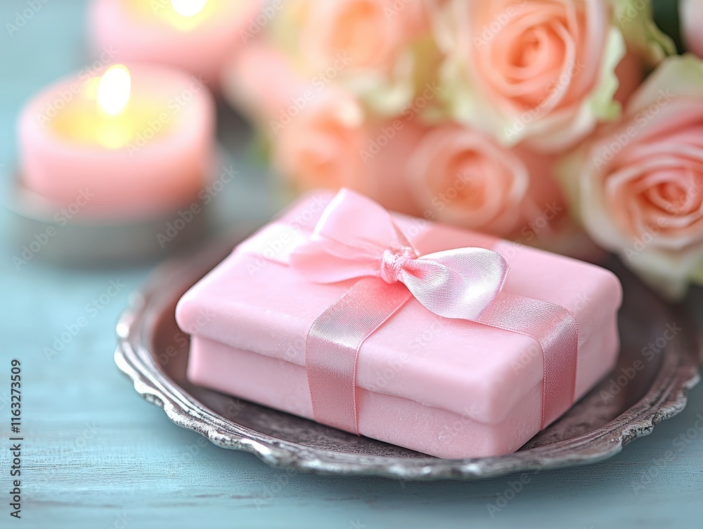 A delicate pink gift box adorned with a ribbon sits on a silver plate, surrounded by soft roses and glowing candles, creating a romantic and inviting atmosphere. A delicate pink gift box adorned with a ribbon sits on a silver plate, surrounded by soft roses and glowing candles, creating a romantic and inviting atmosphere.