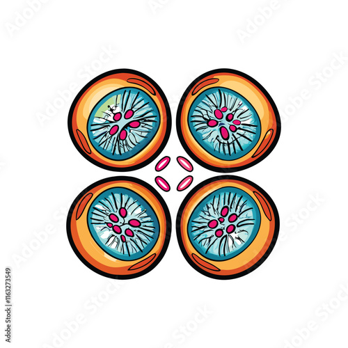 Illustrate the four main stages of mitosis prophase, metaphase, anaphase, and telophase, showing chromosomal movement and spindle fiber activity.  Include clear labels.