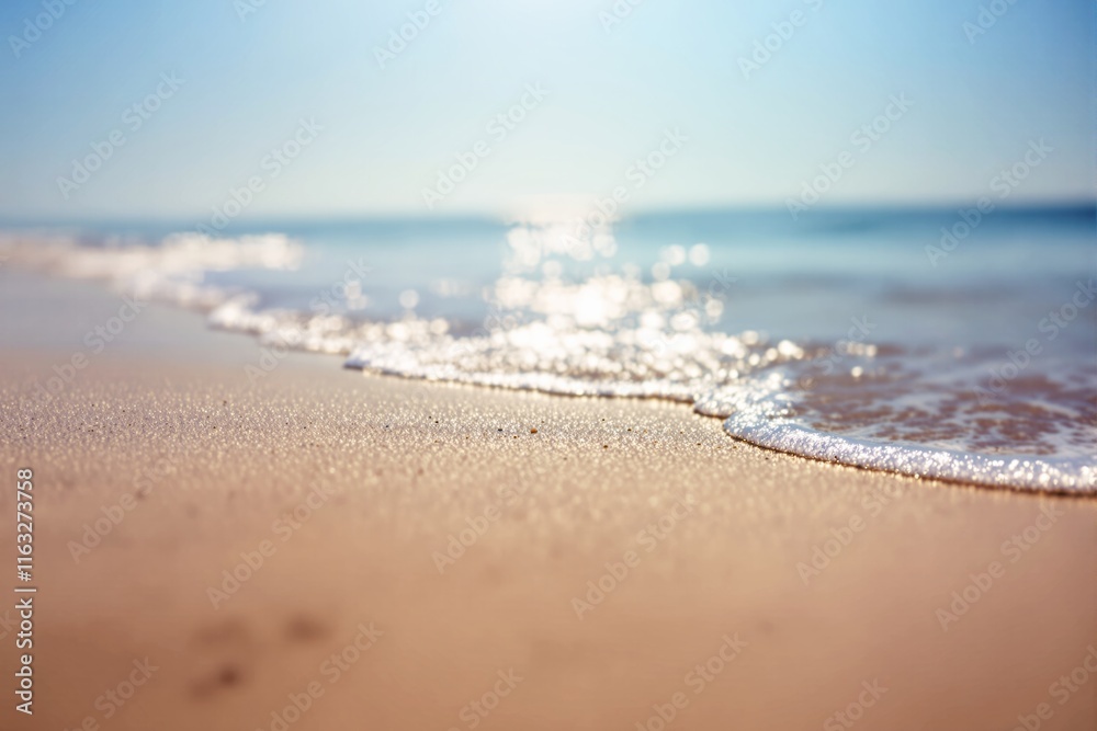 Close-up view of sandy beach with soft waves, sparkling sunlight on water, blurred horizon, calm atmosphere, concept of tranquility. Ai generative Close-up view of sandy beach with soft waves, sparkling sunlight on water, blurred horizon, calm atmosphere, concept of tranquility. Ai generative