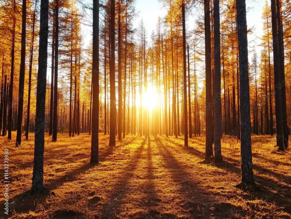 A serene forest scene during sunset, with tall trees casting long shadows on the ground, creating a peaceful and warm atmosphere. A serene forest scene during sunset, with tall trees casting long shadows on the ground, creating a peaceful and warm atmosphere.