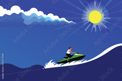 Create a vibrant vector illustration of a person skillfully riding a jet ski across a dynamic ocean wave.  Focus on speed and excitement.