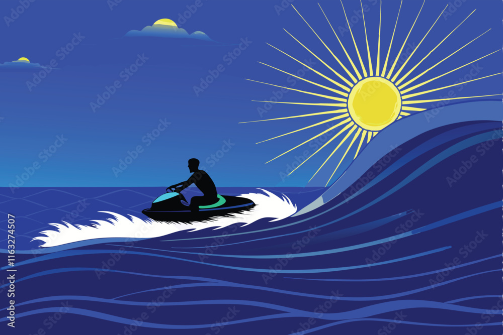 Create a vibrant vector illustration of a person joyously riding a jet ski across a dynamic ocean wave. Focus on speed and exhilaration. Create a vibrant vector illustration of a person joyously riding a jet ski across a dynamic ocean wave. Focus on speed and exhilaration.