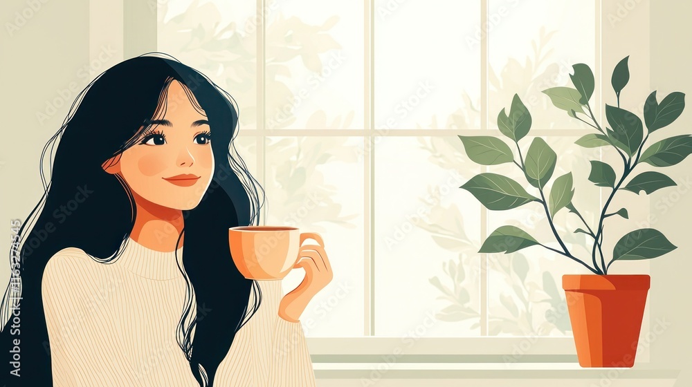 Tranquil Morning Bliss - Person Relaxing with Tea or Coffee by Open Window in Soft Sunlight, 2D Flat Illustration Tranquil Morning Bliss - Person Relaxing with Tea or Coffee by Open Window in Soft Sunlight, 2D Flat Illustration