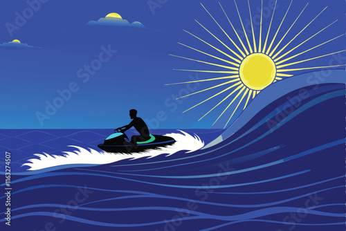 Create a vibrant vector illustration of a person joyously riding a jet ski across a dynamic ocean wave.  Focus on speed and exhilaration.