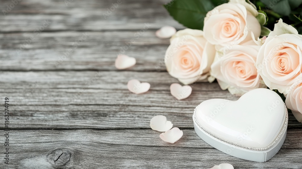 A romantic scene featuring a white heart-shaped box beside a bouquet of white roses and scattered heart-shaped petals on a wooden surface, evoking love and affection.
