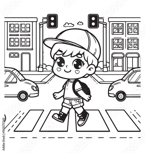 Coloring book boy cross the road city