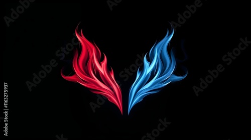 two mirrored flames, one fiery red and one icy blue, twin flames