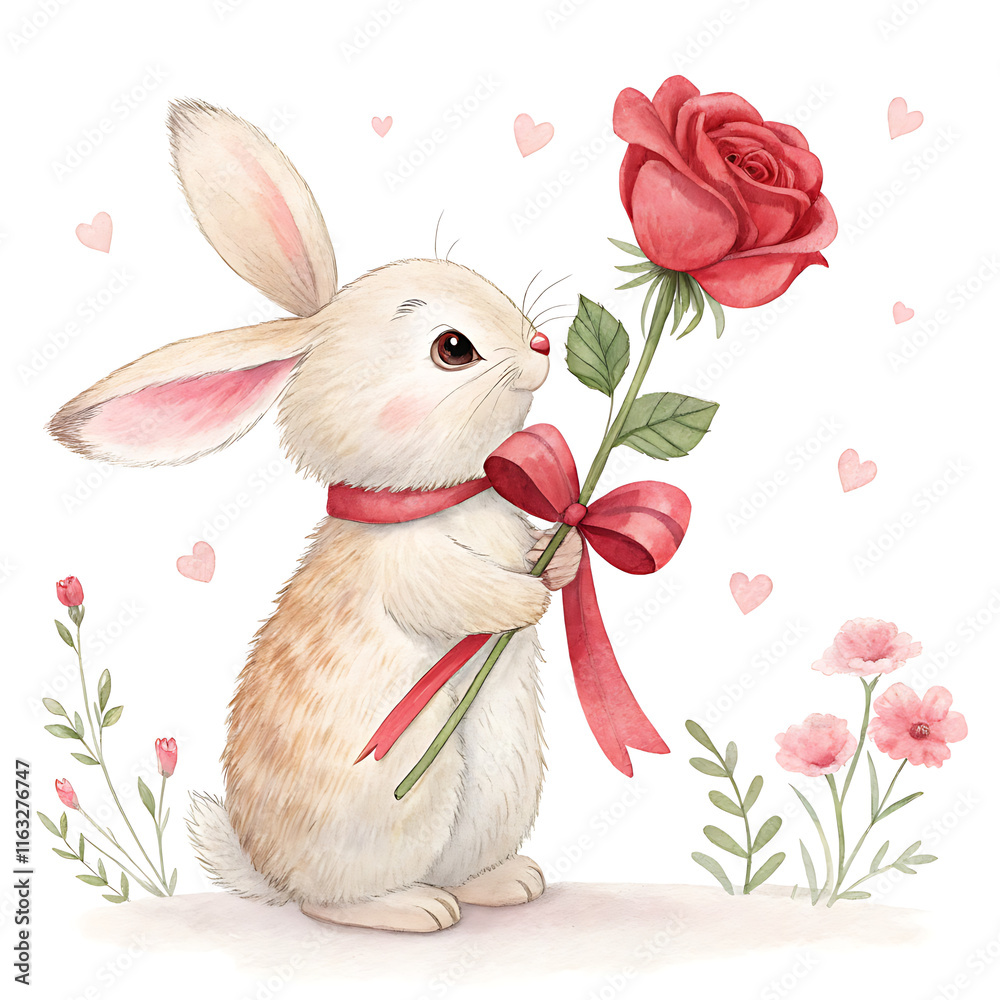 Fototapeta premium Valentine animals clipart cute bunny with rose floral hearts illustrative art whimsical style romantic theme