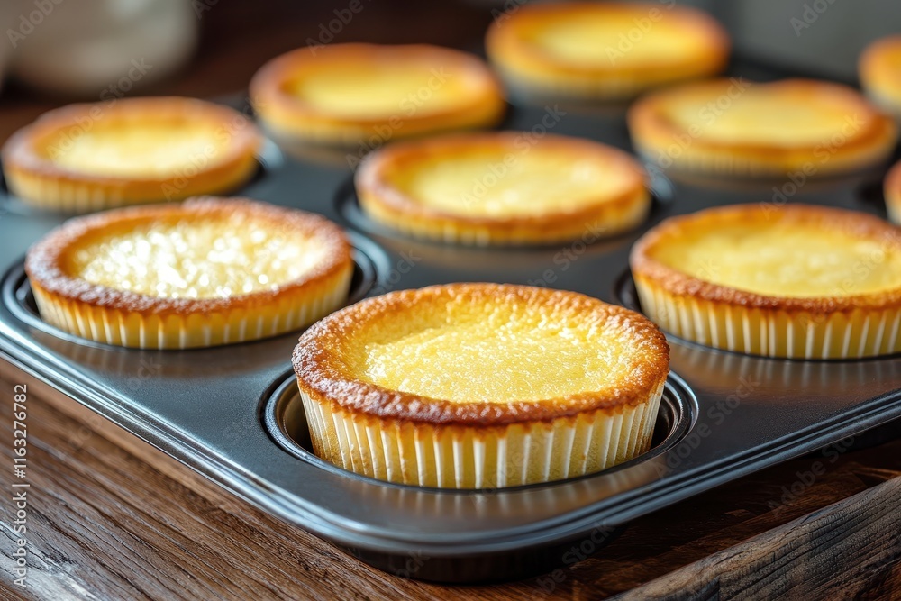 Freshly Baked Sweet Custard Tarts in a Muffin Tin with Golden Brown Edges on a Rustic Wooden Surface, Perfect for Dessert Lovers and Pastry Enthusiasts Freshly Baked Sweet Custard Tarts in a Muffin Tin with Golden Brown Edges on a Rustic Wooden Surface, Perfect for Dessert Lovers and Pastry Enthusiasts