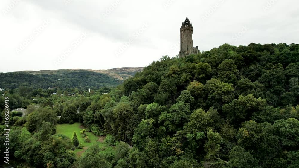 Wallace Monument Stirling Scotland- aerial ascending Wallace Monument Stirling Scotland- aerial ascending