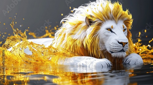 An artistic lion with polished white fur and a bold yellow mane, gently resting on a reflective water surface; animated splashes create dynamic motion. photo