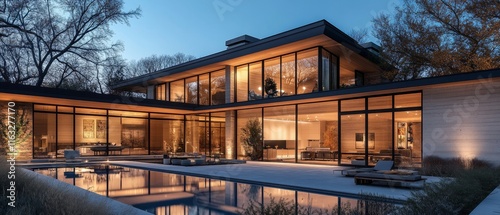 exterior view of modern house with pool and evening light