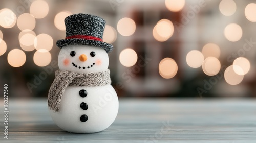 A charming snowman figurine adorned with a top hat and scarf, set against a backdrop of soft bokeh lights, evoking a cozy winter atmosphere.