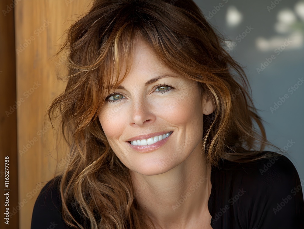 Naklejka premium Portrait of a Smiling Middle-Aged Woman with Long Brown Hair