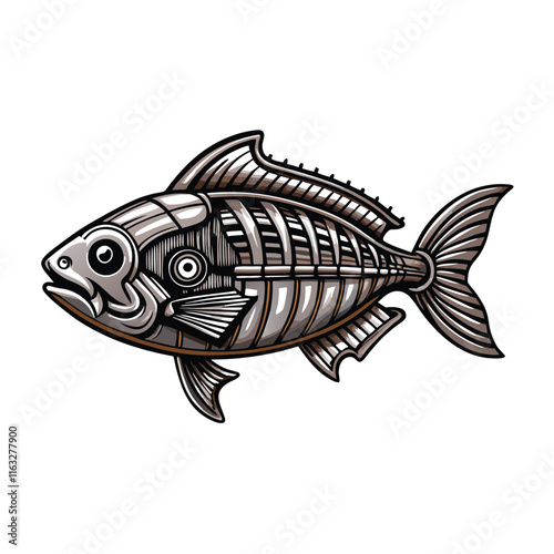 Create a detailed vector illustration of a mechanical fish, reminiscent of antique engravings.  Showcase intricate gears and clockwork details.