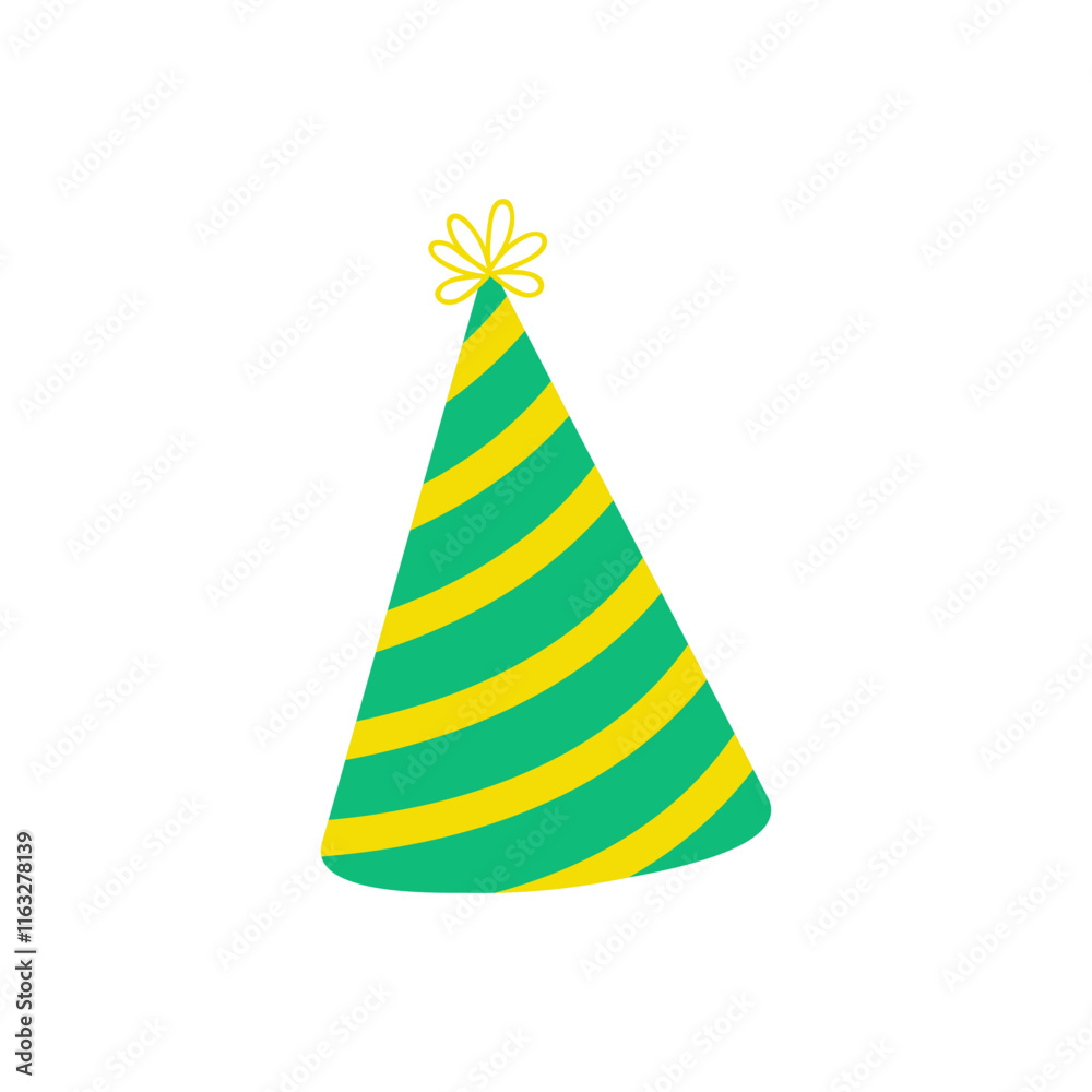 Colorful party hat with green and yellow stripes for celebrations and gatherings Colorful party hat with green and yellow stripes for celebrations and gatherings